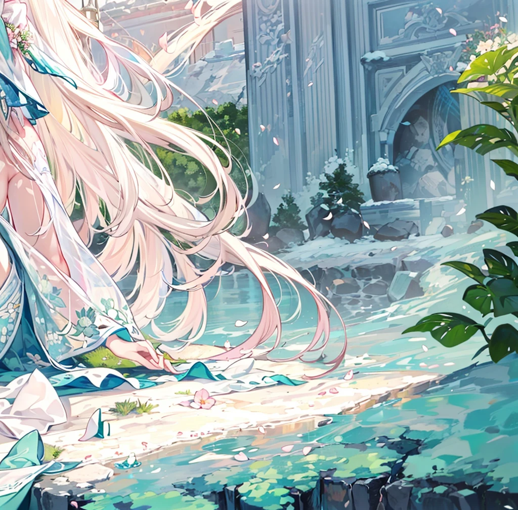 ((best quality，masterpiece，Extremely complex and exquisite details))，White long straight hair，(correct anatomy，Holding hands on the ground)，(Exquisite light blue and white clothing，Beautiful bright and exquisite snow white ancient style high transparent architectural background)，(Rose，Snow，Falling Flowerajestic and elegant outdoors)