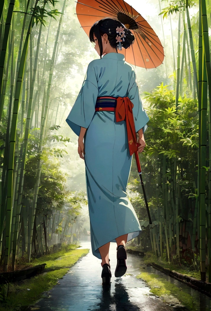 "(best quality,highres,masterpiece:1.2), working ofice ,serene bamboo forest,bamboo leaves gently falling in the wind,beautiful girl in kimono, holding umbrella, walking away from camera, full body wallpaper for mobile. from behind