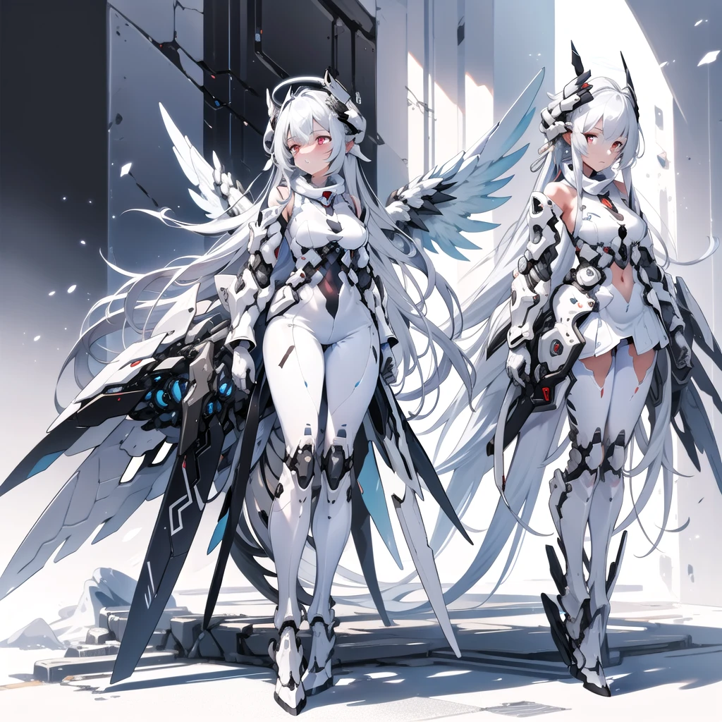 masterpiece, highest quality, highest resolution, clear_image, detailed details, White hair, long hair, cat ears, 1 girl, red eyes, white pantyhose, sci-fi military clothing, white scarf (white scarf around the neckwith a light blue glow), gray futuristic halo (gray halo over the head), white wings (4 wings), cute, full body, no water marks, outer space