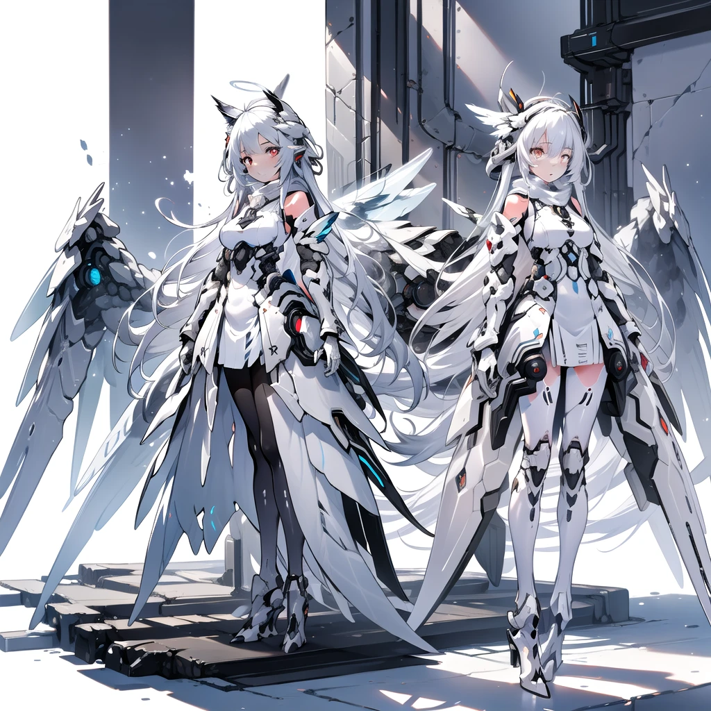 masterpiece, highest quality, highest resolution, clear_image, detailed details, White hair, long hair, cat ears, 1 girl, red eyes, white pantyhose, sci-fi military clothing, white scarf (white scarf around the neckwith a light blue glow), gray futuristic halo (gray halo over the head), white wings (4 wings), cute, full body, no water marks, outer space