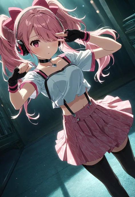 ,(mediumshot:1),kujikawadancing, twintails, hair bow, headphones, white shirt, crop top, short sleeves, suspenders, pink skirt, ...