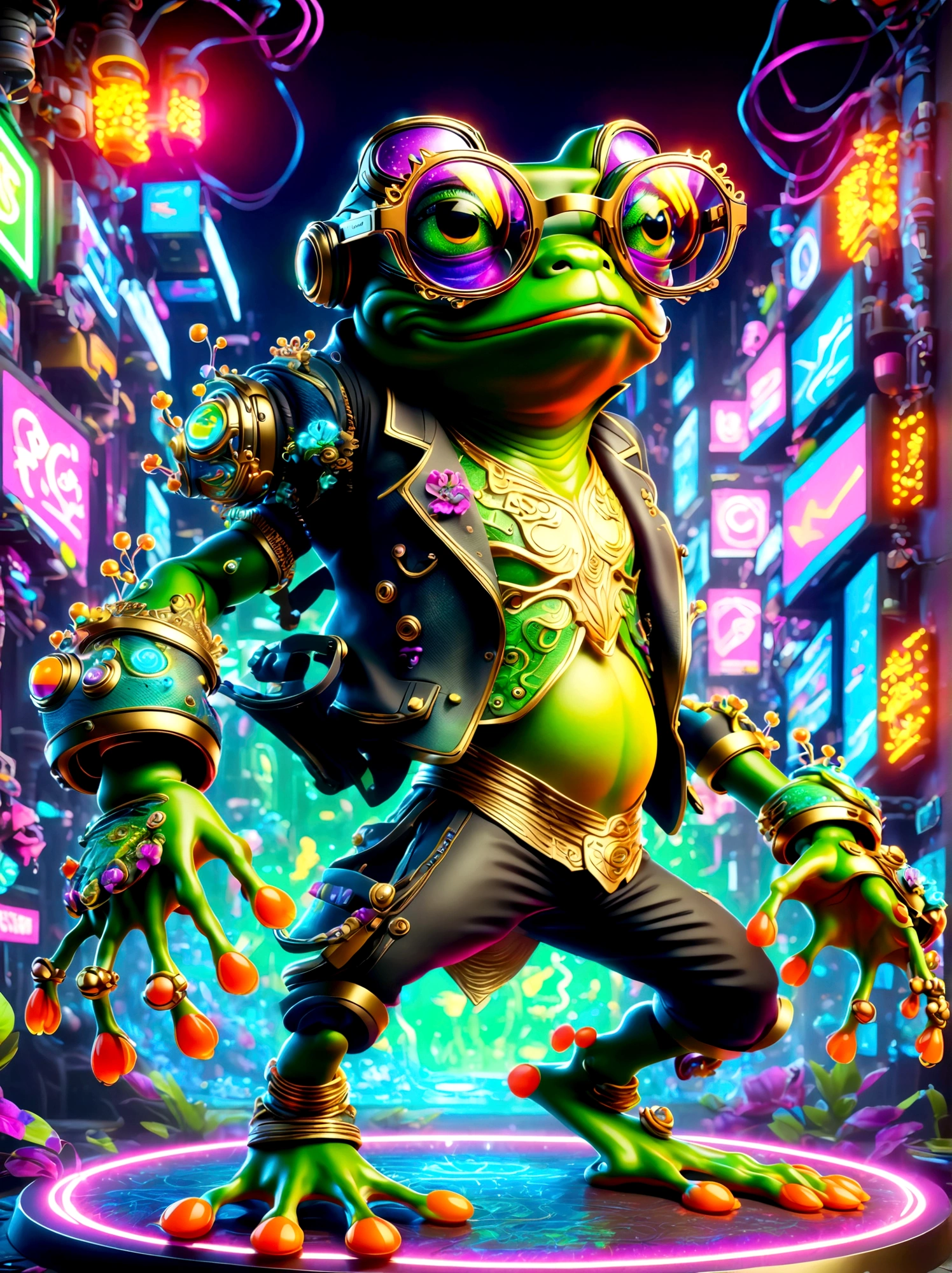 (Frog wearing big glasses:1.3), A digital illustration depicting a green cartoon frog in a dynamic dancing pose within a colorful virtual reality world teeming with neon lights and vibrant holograms. The scene bears the influences of both pop art and graffiti, a truly cyberpunk-inspired ensemble with explosive energy, created using digital painting methods and radiant, glowing effects.