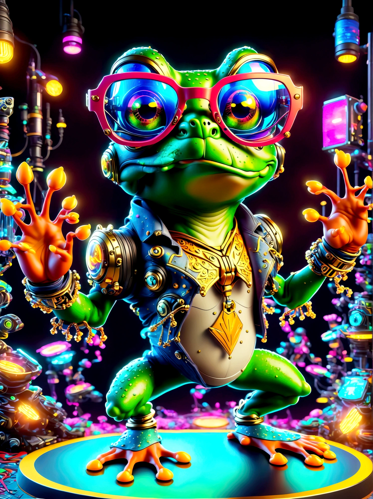 (Frog wearing big glasses:1.3), A digital illustration depicting a green cartoon frog in a dynamic dancing pose within a colorful virtual reality world teeming with neon lights and vibrant holograms. The scene bears the influences of both pop art and graffiti, a truly cyberpunk-inspired ensemble with explosive energy, created using digital painting methods and radiant, glowing effects.
