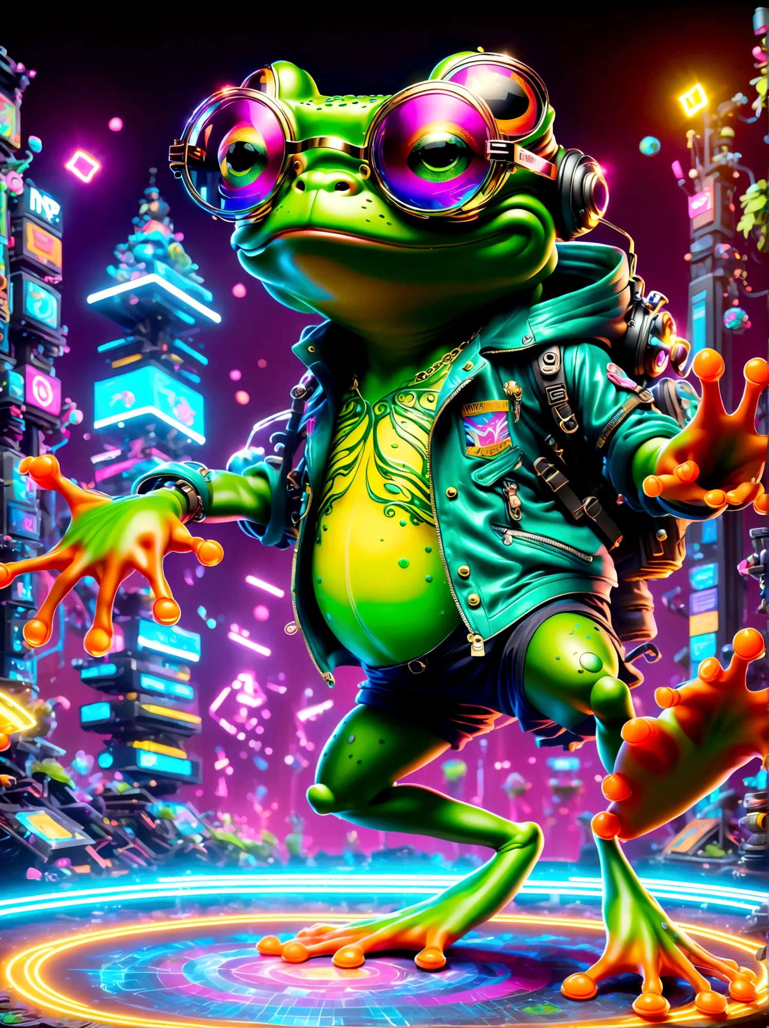 (Frog wearing big glasses:1.3), A digital illustration depicting a green cartoon frog in a dynamic dancing pose within a colorfu...