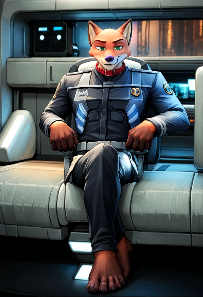 (((Barefoot furry character, full body, cinematic setting, furry male, plantigrade))) 

(((Nick Wilde))) exudes confidence and authority as he sits in the captain's chair, and his (((Star Trek DS9 uniform))) with the Starfleet Delta badge on his chest is a perfect match for his muscular figure. Handsome clawed feet paws dominate the bridge of the star ship and its crew. (((black and grey ds9st uniform with red collar))). Bridge of starship with many screens and consoles as background, futuristic look, metalic. anatomically correct, Long black pants, black shirt with gray shoulders, red collar.

BREAK, intricate details, highly detailed, extreme detail, octane render, fine art, best quality, highres, (detailed face:1.5), ((full_body)), UHD, (((perfect hands))), low light