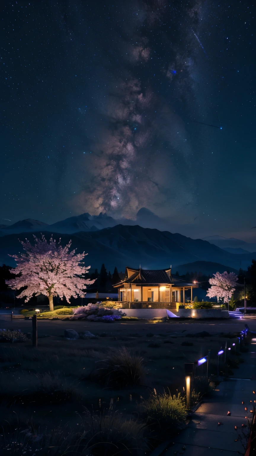 fleurs de cerisier,prairie,nuit,voie Lactée,paysage