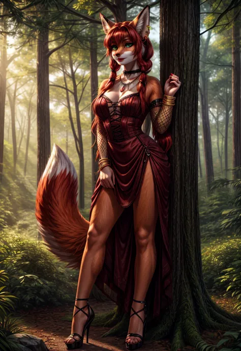 uhd 8k, hdr+, cute anthro female fox with a necklace, large piercing green eyes, huge earrings, giant earrings, with redheads pi...