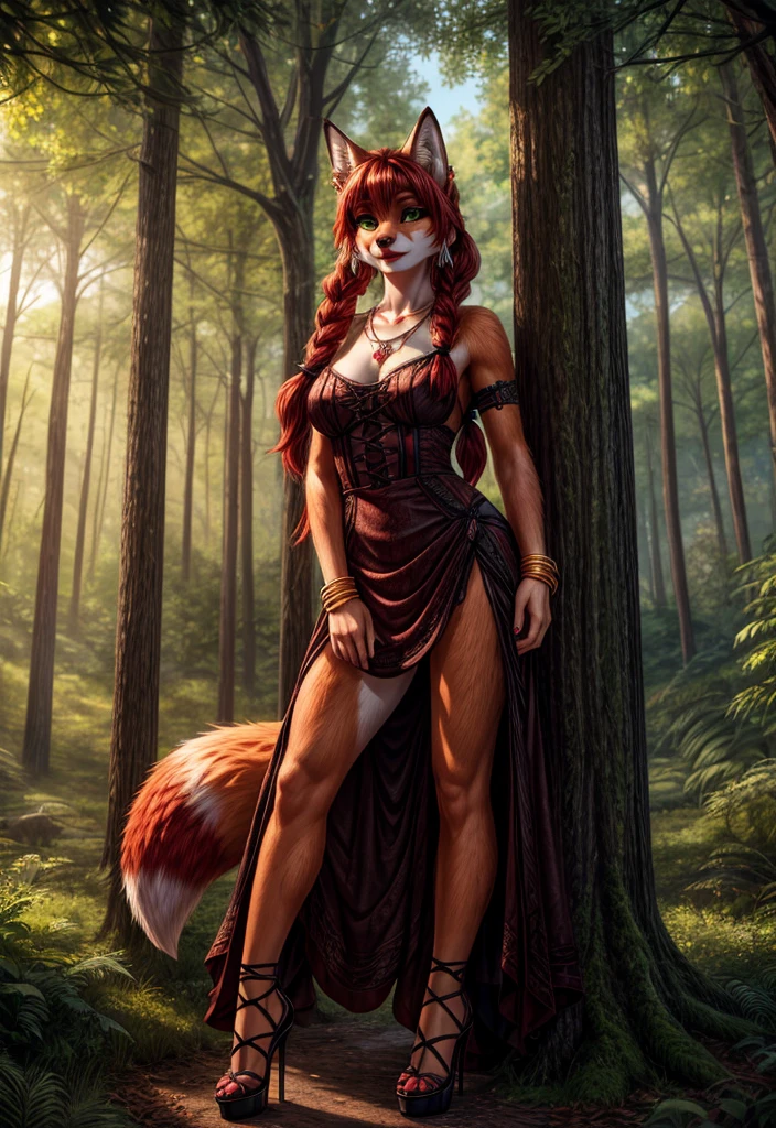 UHD 8k, HDR+, cute anthro female fox with a necklace, large piercing green eyes, huge earrings, giant earrings, with redheads pigtails, gold bracelets on the arms, fluffy fox red tail, High heels, Green gothic dress, Against the background of the forest, detailed background, realistic, 1girl, solo girl, 20 year old girl, ultra realistic face, hyperrealistic, hyperdetailed, (looking at viewers), sharpen, detailed face, detailed eyes, detailed lips, red lips, beautiful face, 16k, FHD, raw photo, cute face mesh, pretty face mesh, portrait shot 8 k