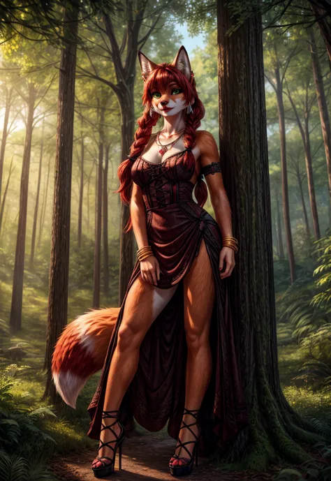 UHD 8k, HDR+, cute anthro female fox with a necklace, large piercing green eyes, huge earrings, giant earrings, with redheads pi...