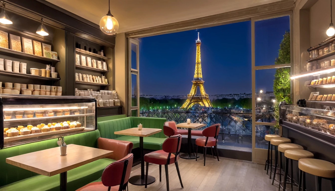 Una noche acogedora en el interior de una cafetería parisina con una iluminación acogedora y dulces en los estantes.. Hay mesas y tazas de café en las mesas.. Hay una gran ventana en medio de la cafetería y la vista exterior es esta torre Eiffel.