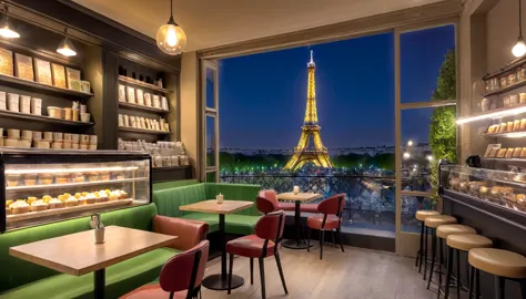 a cozy night time at a Parisian coffe shop interior with cozy lighting and sweets in the shelves. There are  tables and coffee c...