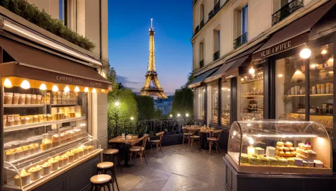 a cozy night time at a Parisian coffe shop interior with cozy lighting and sweets in the shelves. There are  tables and coffee c...