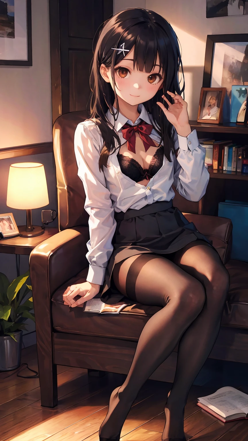 (cowboy shot:1.3),(best quality), ((masterpiece)), (highres), illustration, original, extremely detailed,dbj,1girl,(Miyu Edelfelt),loli,black hair,brown eyes,small chest,x hair ornament,solo,expressionless,book, pantyhose, long hair, shirt, no shoes, crossed legs, sitting, cat, plant, brown eyes, solo, underwear, indoors, bow, bookshelf, potted plant, bra, breasts, bowtie, white shirt, looking at viewer, black hair, black pantyhose, chair, smile, wooden floor, dress shirt, no pants, thighband pantyhose, armchair, lamp, long sleeves, sparkle, black bra, collared shirt, cleavage, bangs, small chest,couch,