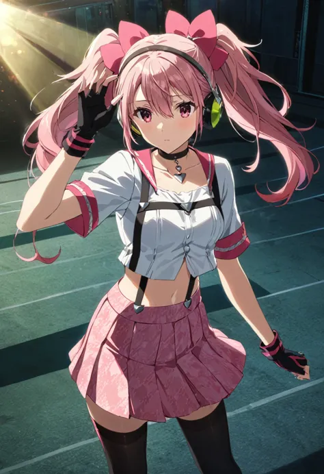 ,(mediumshot:1),kujikawadancing, twintails, hair bow, headphones, white shirt, crop top, short sleeves, suspenders, pink skirt, ...