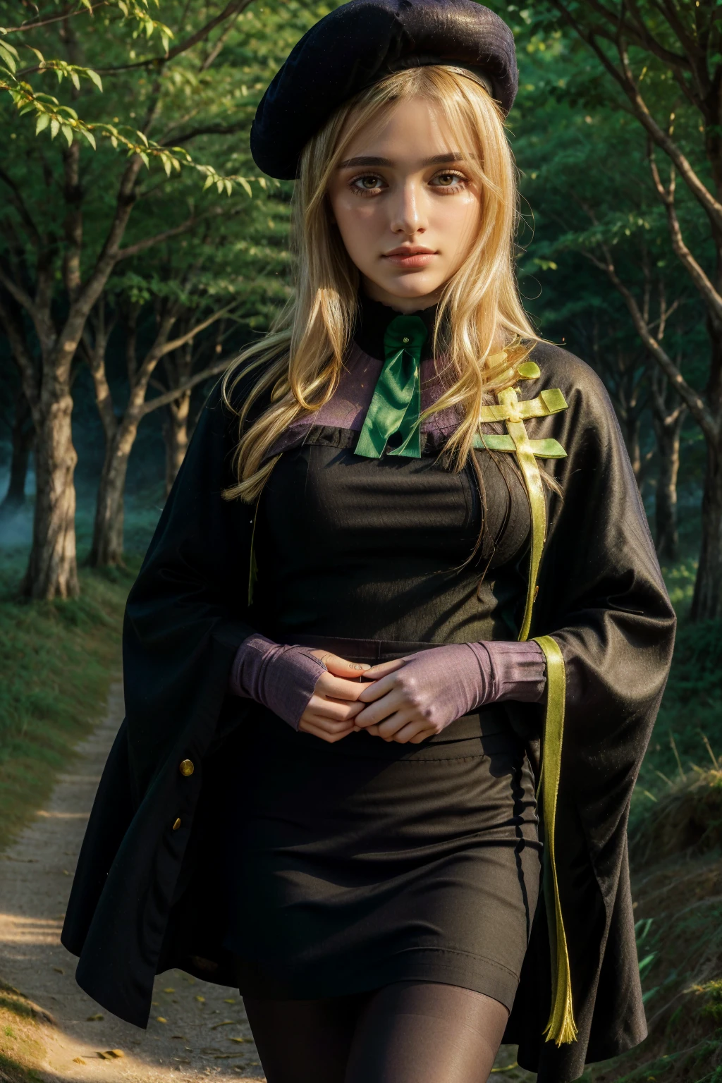 1 girl, best quality, ((Miyo)), tarankaaa, perfect face, beautiful smile, 30 years old, ((ascot,uniform, black skirt, cross, ribbon, gold blonde hair, emerald, beret, cape, pantyhose)), ((perfectly drawn hands)), perfect body, bare tree, bush, fog, forest, grass, nature, outdoors, plant, scenery, solo, standing, tree, 32k photograph, ((perfect eyes, detailed eyes,realistic eyes)), ((sharp face, detailed face, realistic face, natural skin, realistic skin, detailed skin, pores)), full body, tone mapping, asian-european, ((masterpiece)), ((highres)), ((detailed background)), japanese village background, night, big proportions, (abdomen is covered)