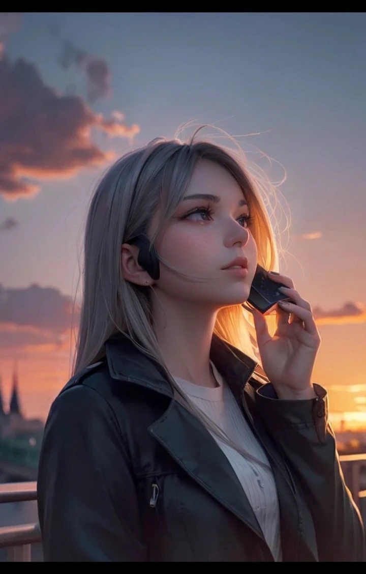 2D impressionist illustration, The face is dense((must)), A Russian girl in her early 20s with ash grey hair, Looking up at the sky darkening from the sunset, During a call on your phone