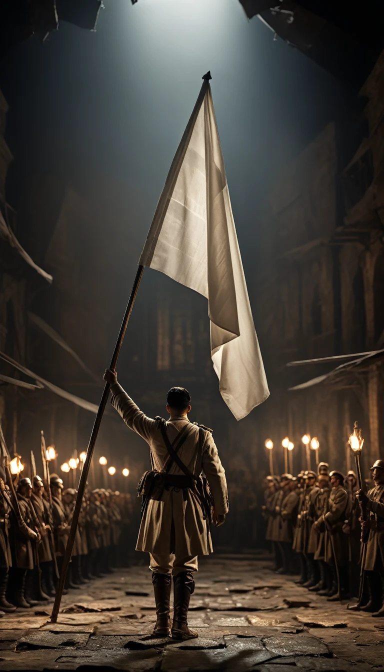 Uma cena dramática de um filme de guerra mostrando a bandeira branca hasteada em uma cena climática, segurando uma bandeira branca, guerra de fundo, hiper-realista, ultra detailed hiper-realista, fotorrealista, iluminação de estúdio, Reflexões, pose dinâmica, Cinematic, gradação de cores, fotografia, Filmado com lente 50mm, Ângulo ultra-amplo, profundidade de campo, hiper-detalhado, lindamente colorido, 8K, luz dourada da frente,