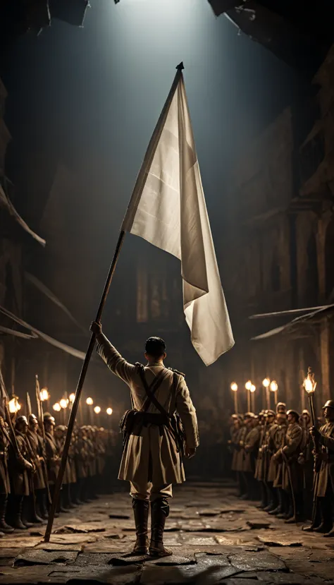 A dramatic still from a war movie showing the white flag raised in a climactic scene, holding a white flag, background war, hype...