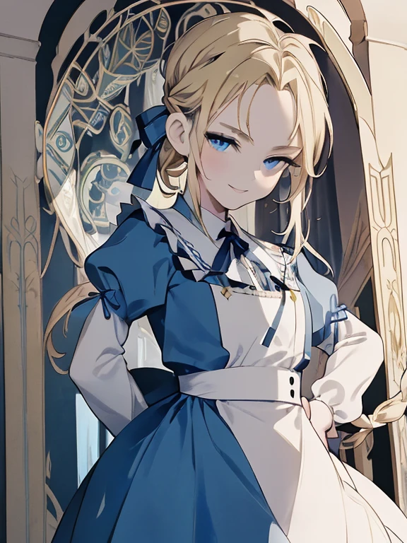 masterpiece, Highest quality, Very detailed, 16K, Ultra-high resolution, Cowboy Shot, Alice in Wonderland, (art nouveau:1.5), 10-year-old girl, Detailed face, smile, blue eyes, Blonde, Long Hair,  (french braid:1.5), Ribbon on head, Blue clothes, White apron, In a room with a big clock