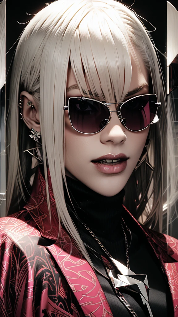 An edgy and modern rendering of a woman with sleek, platinum blonde hair and sleek, reflective pink sunglasses. She strikes a fierce pose against a backdrop of bold, abstract shapes and patterns, her head tilted to the side in a subtle nod to the avant-garde.