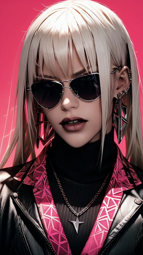 Eine kantige und moderne Darstellung einer Frau mit schlanken, platinblondes Haar und glatte, reflektierende rosa Sonnenbrille. Sie macht eine wilde Pose vor dem Hintergrund von kühnen, abstrakte Formen und Muster, ihr Kopf war zur Seite geneigt, in einer subtilen Anspielung auf die Avantgarde.