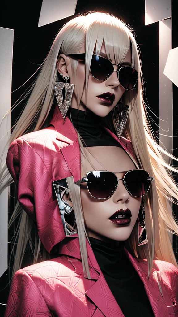 An edgy and modern rendering of a woman with sleek, platinum blonde hair and sleek, reflective pink sunglasses. She strikes a fierce pose against a backdrop of bold, abstract shapes and patterns, her head tilted to the side in a subtle nod to the avant-garde.