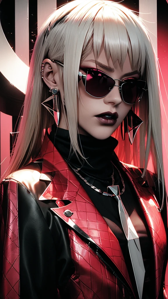 An edgy and modern rendering of a woman with sleek, platinum blonde hair and sleek, reflective pink sunglasses. She strikes a fierce pose against a backdrop of bold, abstract shapes and patterns, her head tilted to the side in a subtle nod to the avant-garde.