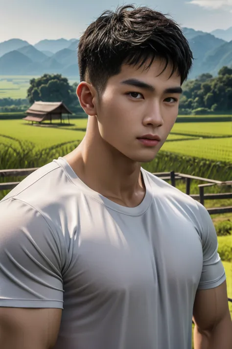 独奏 , 1 person , Portrait of a handsome Asian rugby player, short hair, no beard, muscular, big muscles, wearing a gray round nec...