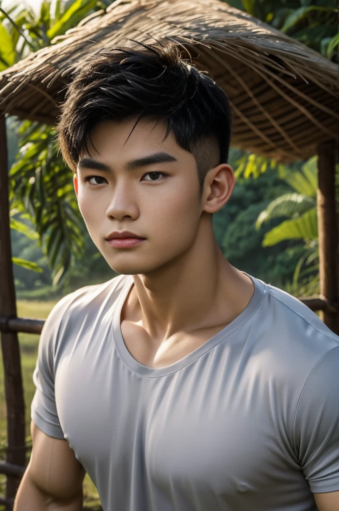 solo , 1 person , Portrait of a handsome asian rugby player, short hair, no beard, muscular, big muscles, wearing a gray round neck t-shirt, wet, outdoors, rice field, countryside, Hut, thailand, laos, burma, asia.