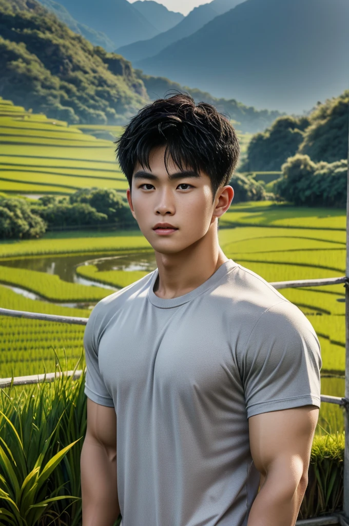 solo , 1 person , Portrait of a handsome asian rugby player, short hair, no beard, muscular, big muscles, wearing a gray round neck t-shirt, wet, outdoors, rice field, countryside, Hut, thailand, laos, burma, asia.