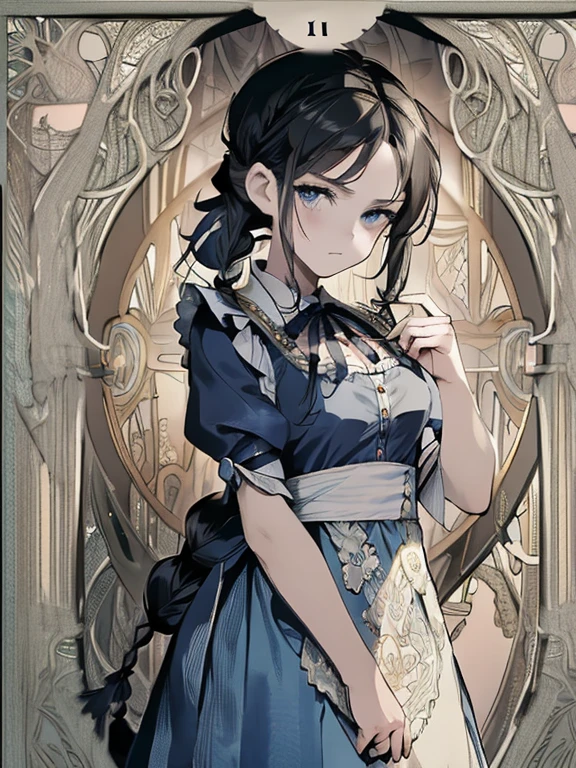 masterpiece, Highest quality, Very detailed, 16K, Ultra-high resolution, Cowboy Shot, Alice in Wonderland, (art nouveau:1.5), 10-year-old girl, Detailed face, (nervous:1.2), black eye, Black Hair, Long Hair,  (french braid:1.5), Ribbon on head, Blue clothes, White apron, In a room with a big clock