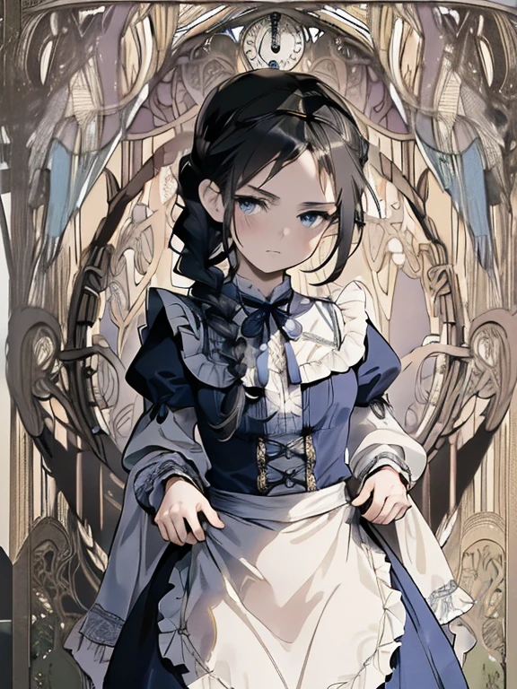 masterpiece, Highest quality, Very detailed, 16K, Ultra-high resolution, Cowboy Shot, Alice in Wonderland, (art nouveau:1.5), 10-year-old girl, Detailed face, (nervous:1.2), black eye, Black Hair, Long Hair,  (french braid:1.5), Ribbon on head, Blue clothes, White apron, In a room with a big clock