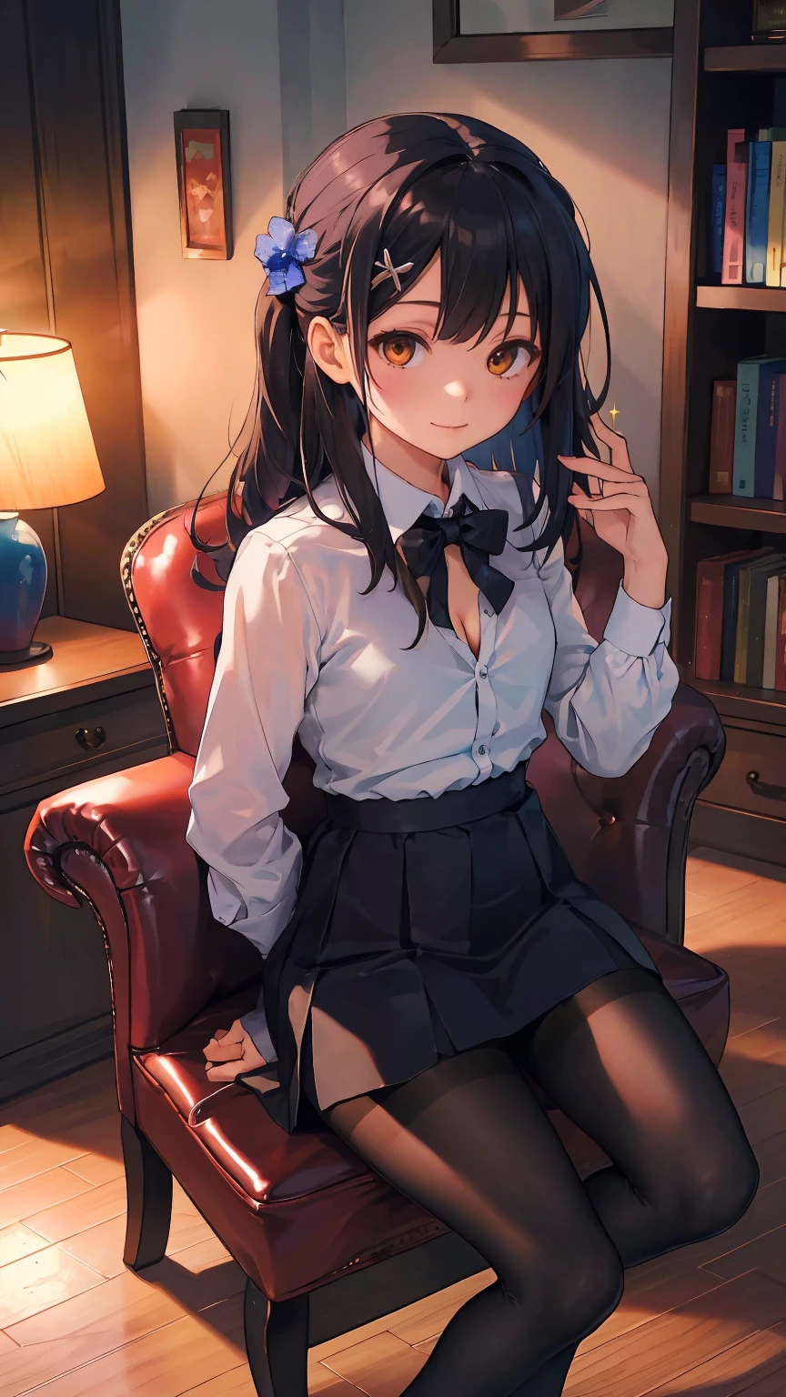 (cowboy shot:1.3),(best quality), ((masterpiece)), (highres), illustration, original, extremely detailed,dbj,1girl,(Miyu Edelfelt),loli,black hair,brown eyes,small chest,x hair ornament,solo,expressionless,book, pantyhose, long hair, shirt, no shoes, crossed legs, sitting, cat, plant, brown eyes, solo, underwear, indoors, bow, bookshelf, potted plant, bra, breasts, bowtie, white shirt, looking at viewer, black hair, black pantyhose, chair, smile, wooden floor, dress shirt, no pants, thighband pantyhose, armchair, lamp, long sleeves, sparkle,collared shirt, cleavage, bangs, small chest,couch,