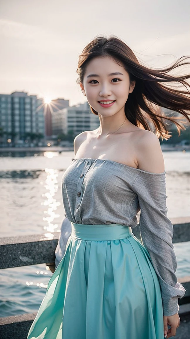 (masterpiece), (best quality), Award-winning photography, 1 Girl, Long skirt, Off-shoulder, Sexy, Strike a pose, Smile, outdoor, Sunlight, windy, portrait