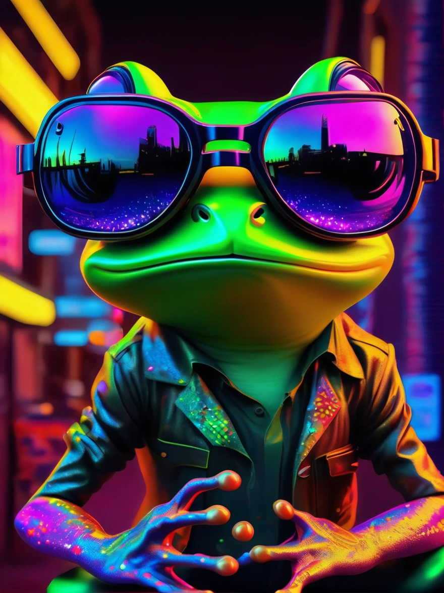 (戴著大眼鏡的青蛙:1.3), 數位插圖描繪了一個綠色卡通男孩在充滿霓虹燈和充滿活力的全息圖的多彩虛擬現實世界中擺出動態舞蹈姿勢. 該場景受到普普藝術和塗鴉的影響, 一個真正受賽博朋克啟發的樂團，具有爆炸性的能量, 使用數位繪畫方法和輻射創建, 發光效果, 1djxz1