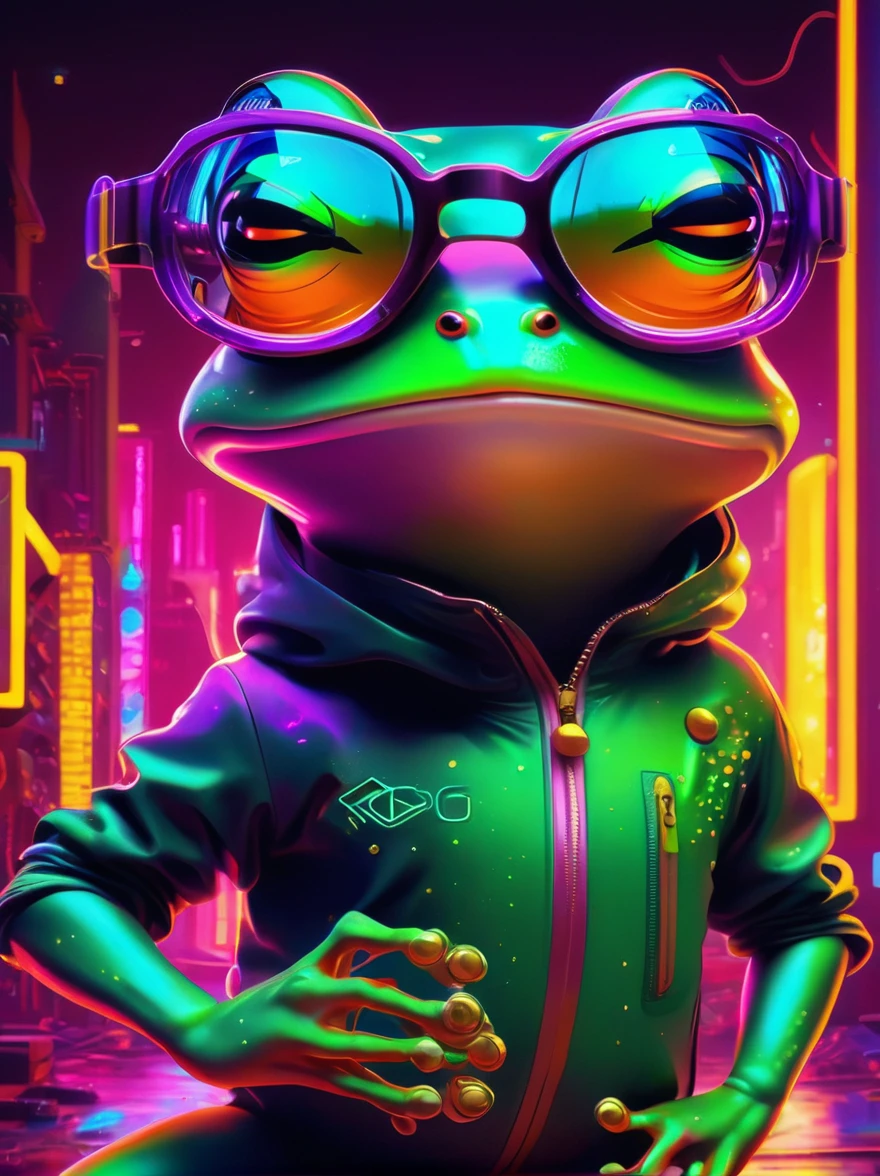 (Frog wearing big glasses:1.3), A digital illustration depicting a green cartoon boy in a dynamic dancing pose within a colorful virtual reality world teeming with neon lights and vibrant holograms. The scene bears the influences of both pop art and graffiti, a truly cyberpunk-inspired ensemble with explosive energy, created using digital painting methods and radiant, glowing effects, 1djxz1