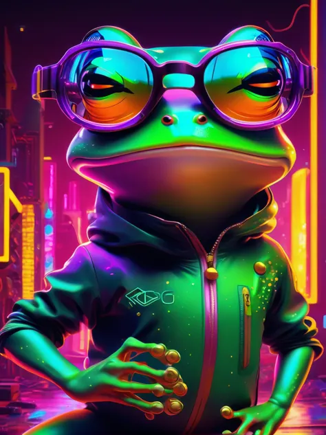 (Frog wearing big glasses:1.3), A digital illustration depicting a green cartoon boy in a dynamic dancing pose within a colorful...