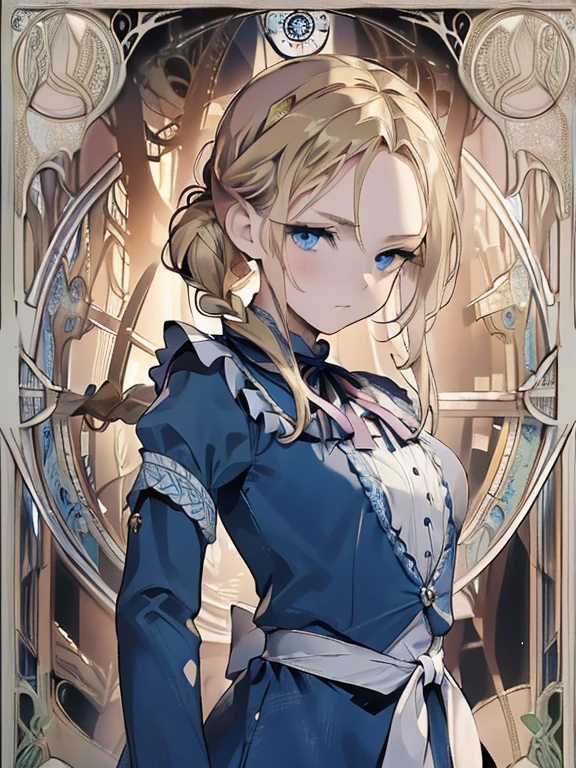 masterpiece, Highest quality, Very detailed, 16K, Ultra-high resolution, Cowboy Shot, Alice in Wonderland, (art nouveau:1.5), 10-year-old girl, Detailed face, (nervous:1.2), blue eyes, Blonde, Long Hair,  (french braid:1.5), Ribbon on head, Blue clothes, White apron, In a room with a big clock