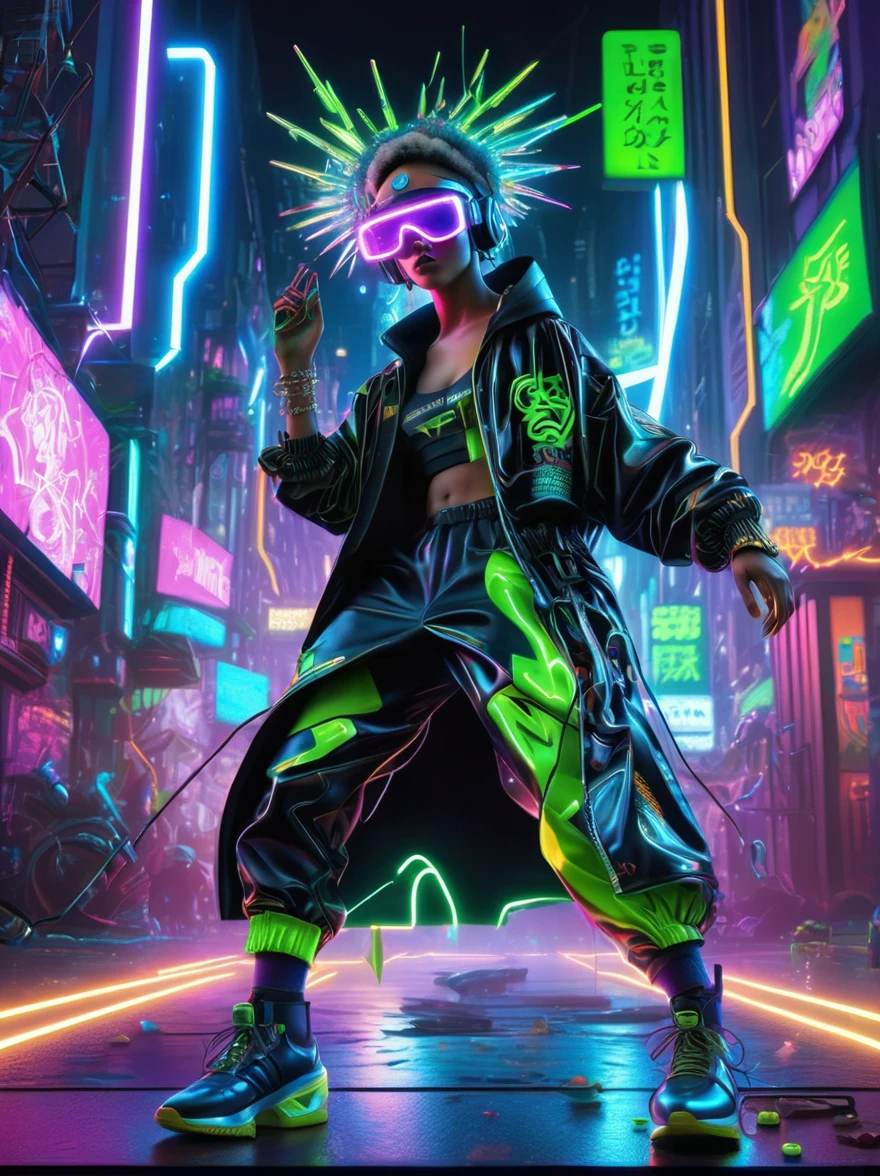 1 boy, Solitary, Lightning energy，Electricity elements，Wearing a pointed headdress，(Wearing large rectangular glasses:1.3)，Blue Highlight Lightning，Wearing bright blue and green square clothes，high-heel boots，Wields electric weapons，in a dynamic dancing pose within a colorful virtual reality world teeming with neon lights and vibrant holograms. The scene bears the influences of both pop art and graffiti, a truly cyberpunk-inspired ensemble with explosive energy, created using digital painting methods and radiant, glowing effects，(whole body:1.5)，Cartoon Style, Super Detail，Anatomically correct，masterpiece