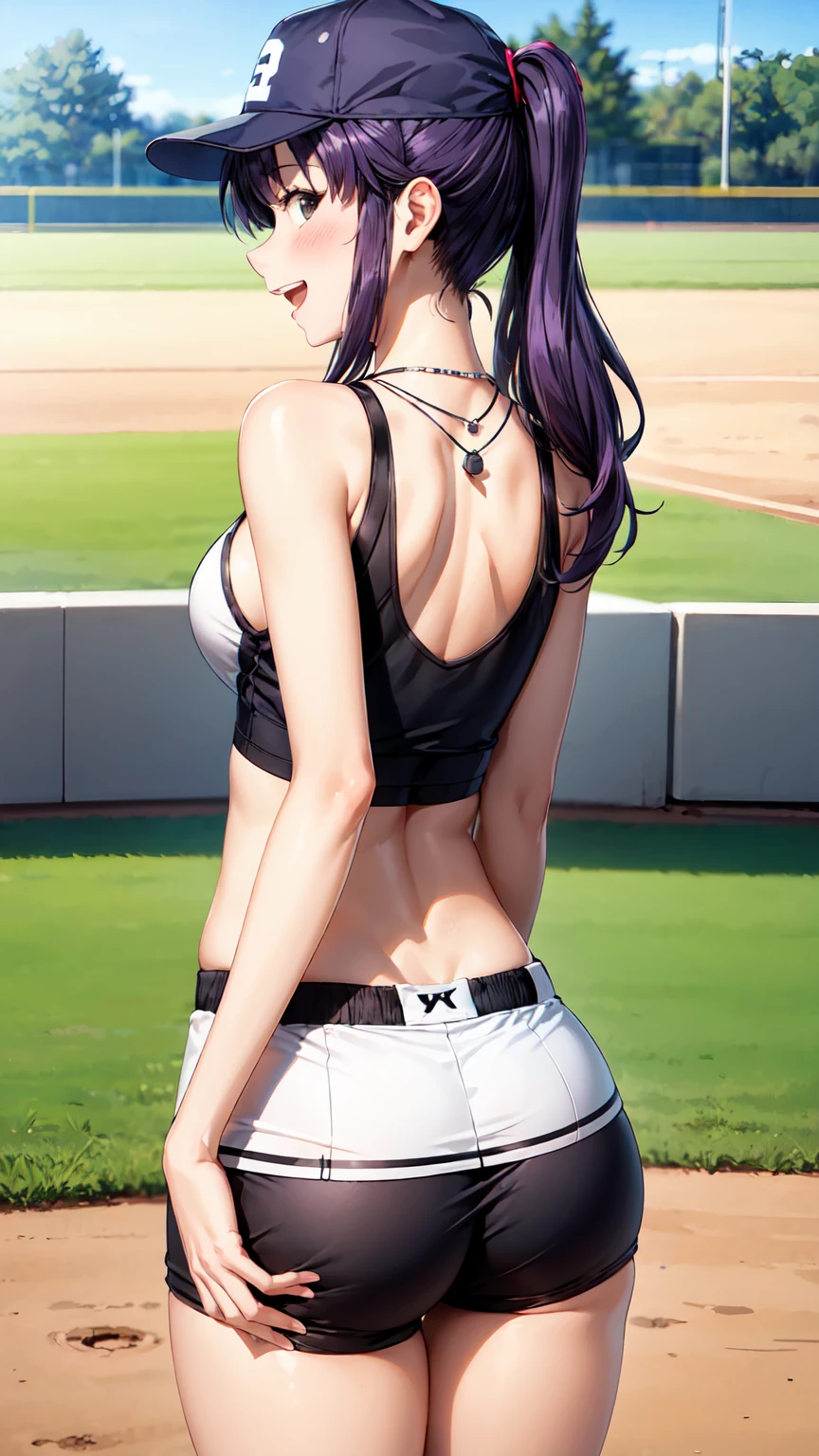 Masterpiece ,best quality , high resolution , ultra detail , colorful , (1 girl solo:1.38) , (Misato katsuragi) , (black eyes, ponytail , purple hair, medium_long_hair, make up, necklace, tall, slim body,) , (wear baseball hat , belly , navel , sport top , sport short , stockings ) , (arms behind back . hands behind back) , (cleavage:1.15) , (big breast:1.1) , (face view , look at view , from behind , back view , head back , looking back ) , (outdoor , Baseball field，race，streamers，victory，celebrate) , (standing , Legs , thighs , cowboy shot) , ( full face blush , shy , smile , open mouth)