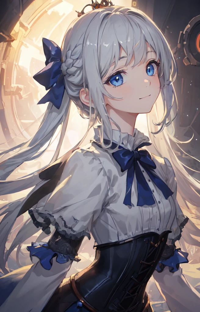 masterpiece, best quality, (extremely detailed CG unity 8k wallpaper), (best quality), (best illustration), (best shadow), absurdres, realistic lighting, (Abyss), beautiful detailed glow, (portrait:1.22), head tilt, anime, solo, 1girl, close up shot, from the side, dress, ribbon bow, ribbon tie, long braided white hair, (gray eyes, mixed eyes, blue eyes, bright eyes:1.1), dignified, princess, corset, (smile:0.92), soft expression, composition, gentle, tidy hair, royalty, royal family, (eye symbols, symbol eyes, magical eyes, marked eyes, Wuthering Waves:1.04), (stealthtech, cutting edge, sleek angular, scifi:1.2)