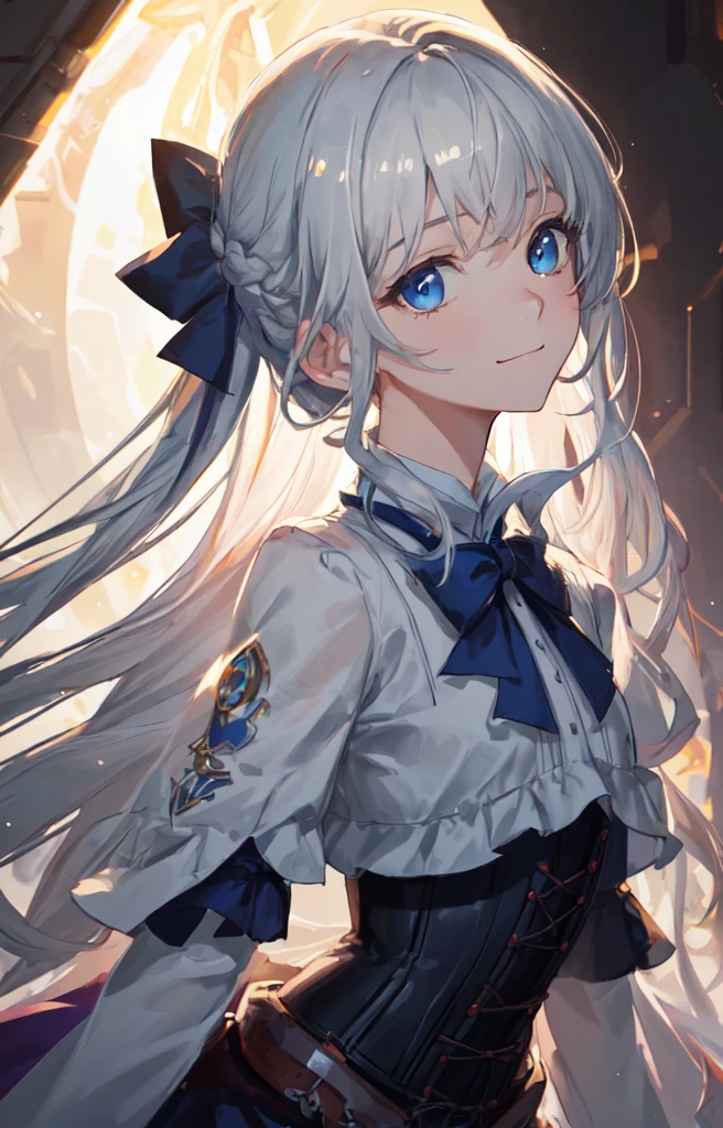 masterpiece, best quality, (extremely detailed CG unity 8k wallpaper), (best quality), (best illustration), (best shadow), absurdres, realistic lighting, (Abyss), beautiful detailed glow, (portrait:1.22), head tilt, anime, solo, 1girl, close up shot, from the side, dress, ribbon bow, ribbon tie, long braided white hair, (gray eyes, mixed eyes, blue eyes, bright eyes:1.1), dignified, princess, corset, (smile:0.92), soft expression, composition, gentle, tidy hair, royalty, royal family, (eye symbols, symbol eyes, magical eyes, marked eyes, Wuthering Waves:1.04), (stealthtech, cutting edge, sleek angular, scifi:1.2)