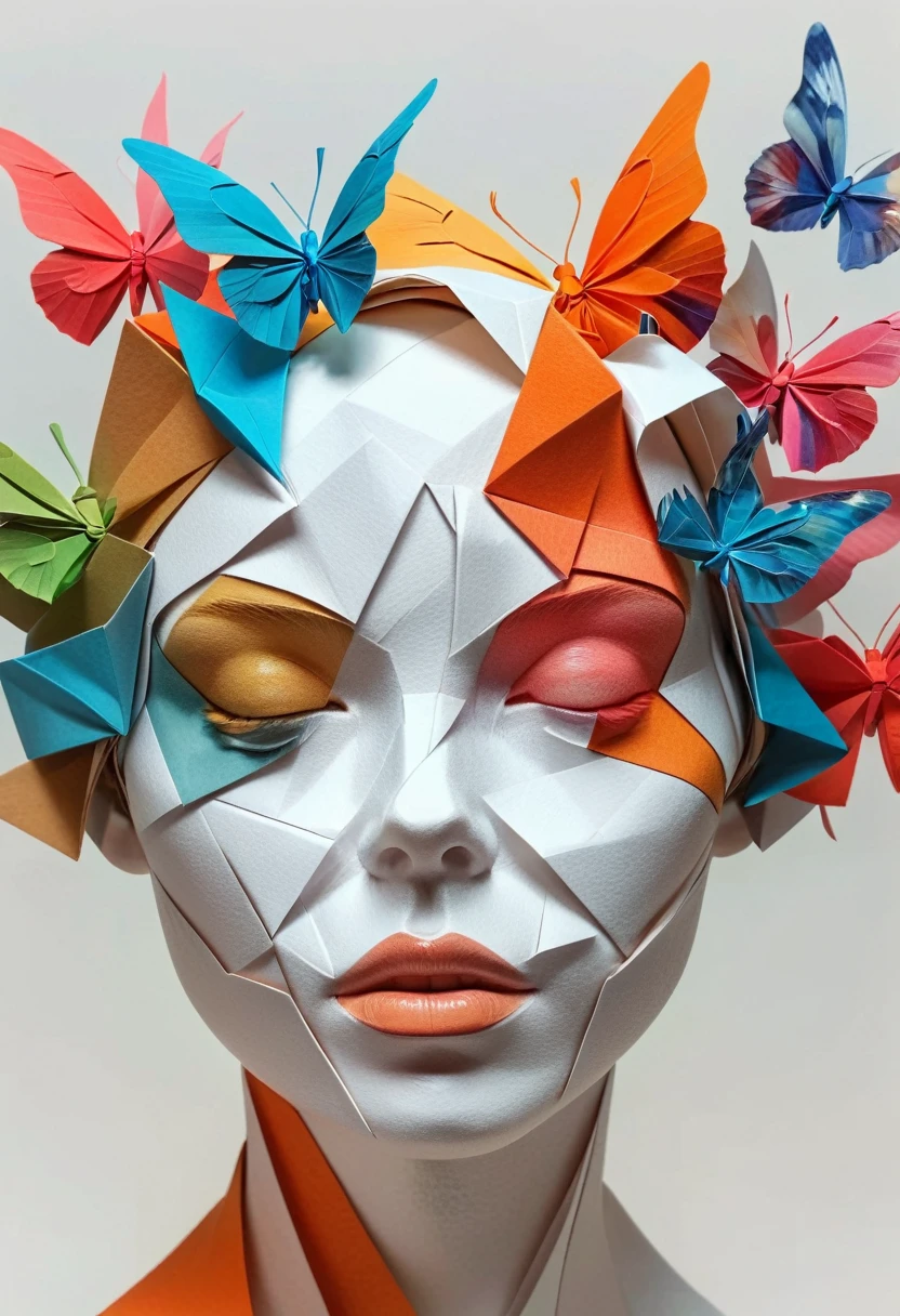 um retrato cubista de múltiplos rostos sobrepostos e que se cruzam, texturas de papel dobrado tipo origami, características faciais decompostas e recombinadas, Fusão de elementos, corte de forma, emenda múltipla, cores ricas vibrantes, pontos, Ondas, dobrando, (melhor qualidade,4K,8K,alta resolução,obra de arte:1.2),Ultra-detalhado,(realista,photorealista,photo-realista:1.37),Arte Digital Profissional