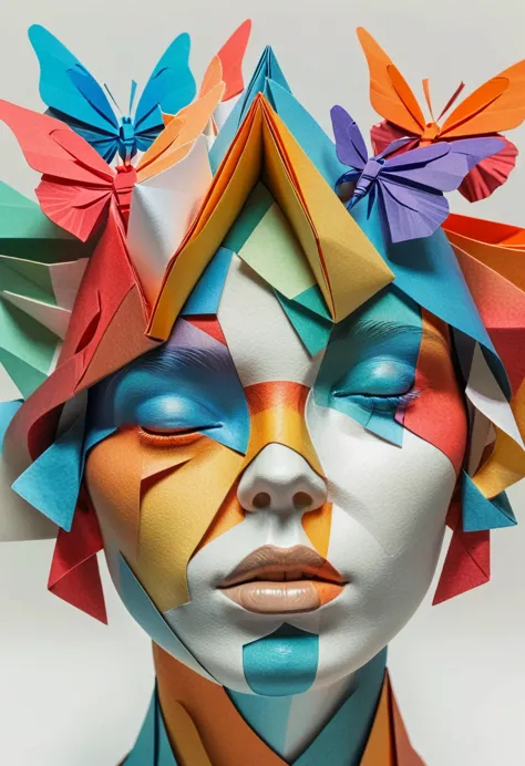 a cubist portrait of multiple overlapping and intersecting faces, origami-like folded paper textures, decomposed and recombined ...
