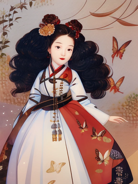 shinyunbok anime, (exceptional, best aesthetic, new, newest, best quality, masterpiece, extremely detailed, waifu:1.2), A steampunk girl with vibrant, curly hair adorned with mechanical butterflies and flowers