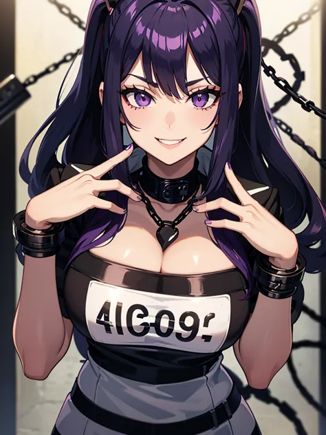 Mugshot, anime girl in black and white striped prisoner uniform, hands cuffed or chained, cleavage, big breasts, purple hair, ev...