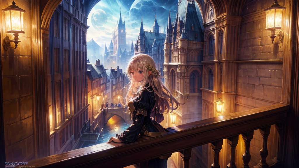 art fantastique, Art du RPG, Princesse regardant par la fenêtre du château magique, Une belle princesse elfique regarde par la fenêtre le château enchanté, Un château impressionnant avec une grande attention aux détails, avec tour, pont, fossé, Debout au sommet de la montagne, lune, 