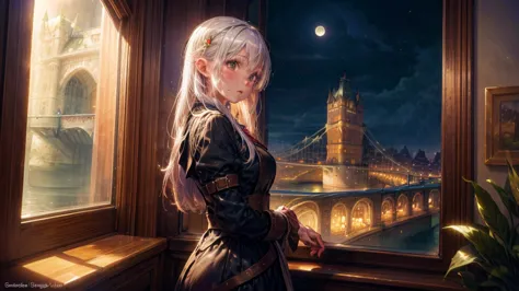 Fantasy art, RPG Art, Princess looking out the window at the magic castle, A beautiful elven princess looks out her window at th...