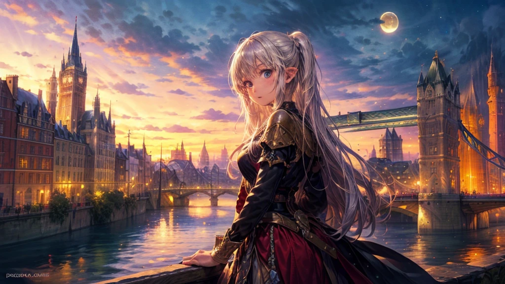 Fantasy art, RPG Art, Princess looking out the window at the magic castle, A beautiful elven princess looks out her window at the enchanted castle, An impressive castle with great attention to detail, with tower, bridge, moat, Standing on the mountain top, moon, 