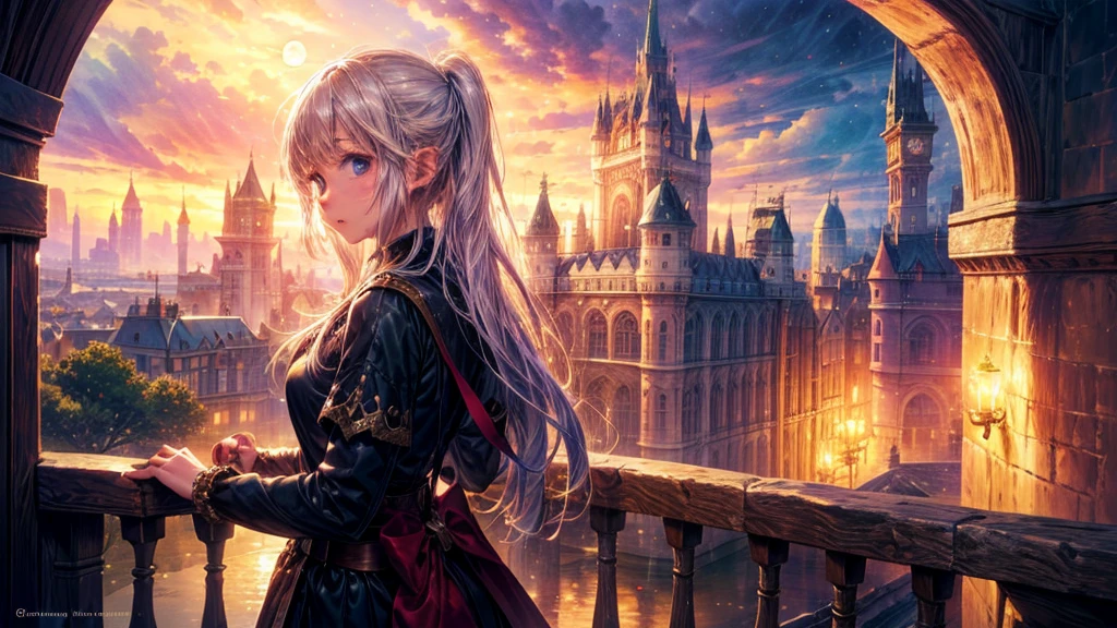 Fantasy art, RPG Art, Princess looking out the window at the magic castle, A beautiful elven princess looks out her window at the enchanted castle, An impressive castle with great attention to detail, with tower, bridge, moat, Standing on the mountain top, moon, 